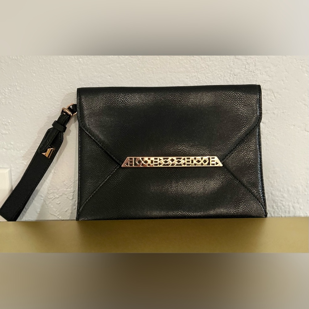 Stella and Dot Avalon Envelope clutch bag- black with rose gold embellishment